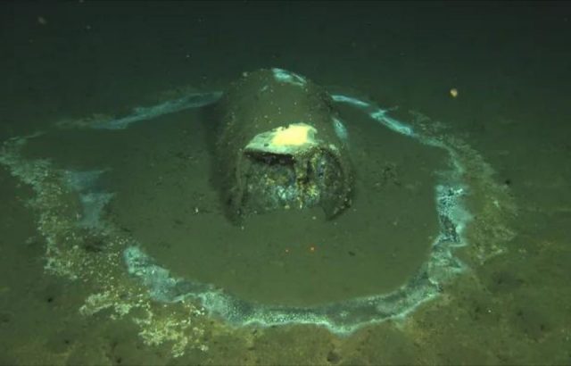 A barrel of DDT on the ocean floor, as discovered by underwater drones.