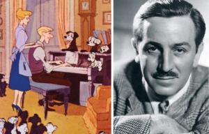 Piano scene from The One Hundred and One Dalmatians, and a portrait of Walt Disney