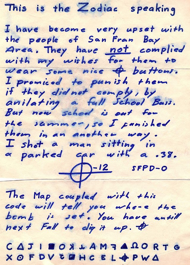 Zodiac Killer letter and Z32 cipher