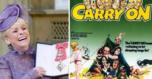 Barbara Windsor in 2016 + the promotional poster for Carry on Camping