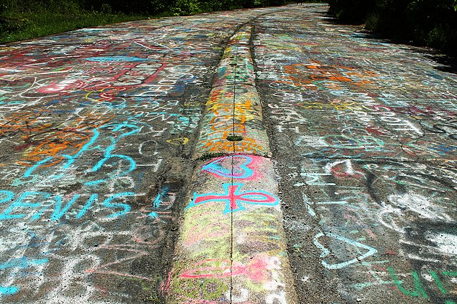 A road in Centralia, Pennsylvania covered in graffiti