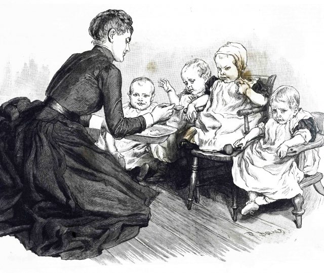 woman feeding children rescued from a baby farm, nineteenth century 