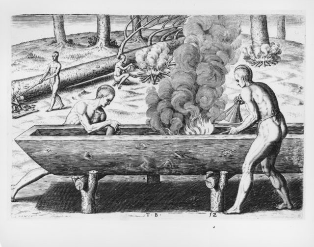 "The manner of making their boates" by Theodor de Bry after a John White watercolor. Native Americans make a dugout canoe with seashell scrapers.