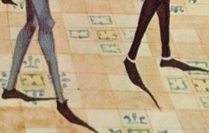 detail of medieval pointy shoes from illuminated manuscript