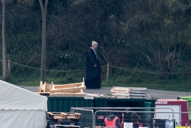 Extras and crew seen on the film set for the new Game of Thrones prequel 'House of the Dragon' at St Michael's Mount on April 29, 2021 near Penzance, Cornwall, England.