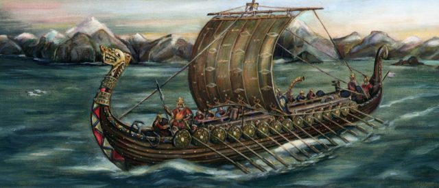 Viking trading ship of the 8th century leaving on an expedition from Dawn Ladir Cliffs, Norway.