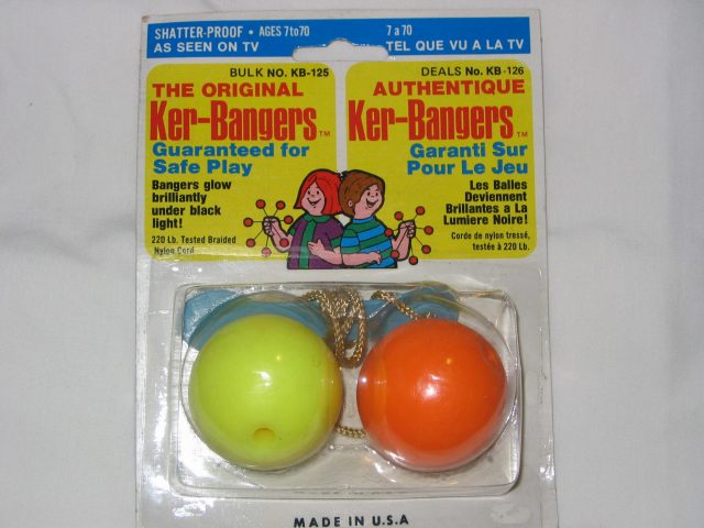 Kerbangers, off-brand clackers in their original packaging