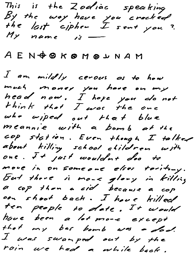 Zodiac Killer letter containing the Z13 cipher