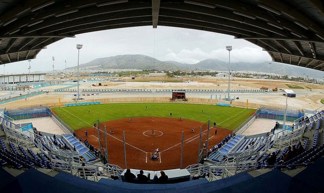 View of the Athens softball pitch from the stands