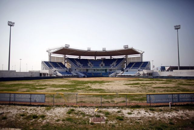 Ground view of the overgrown softball pitch in Athens