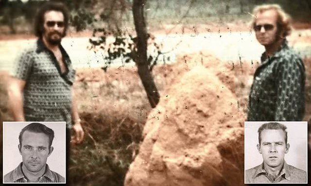 Two men standing with a boulder between them, with mugshots of the Anglin brothers added to the bottom corners