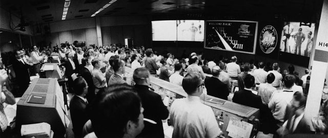 NASA employees in the control room during the Apollo 13 return