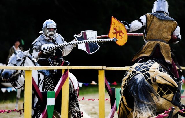 Competitors take part in a jousting competition at Caerlavrock Castle on July 28, 2018 in Dumfries, Scotland.