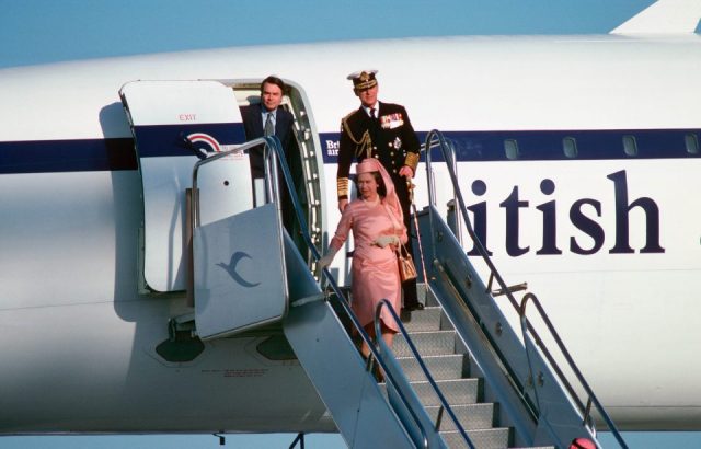 Queen Elizabeth II and Prince Philip arriving in Kuwait by Concorde. 