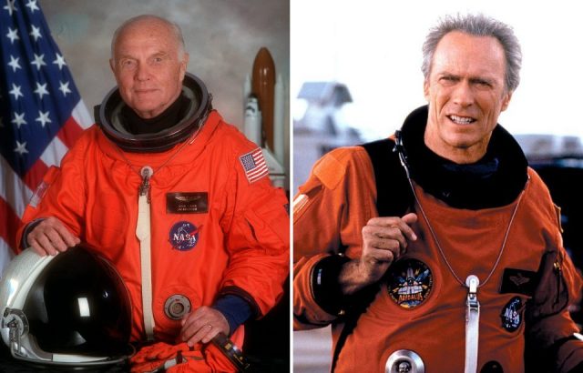 John Glenn wearing the orange partial-pressure launch and entry suit, alongside Clint Eastwood's character in a similar suit for Space Cowboys.