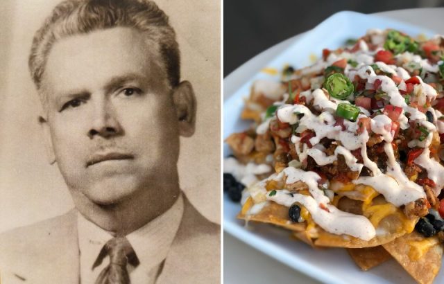 Inventor of nachos next to photo of eponymous dish