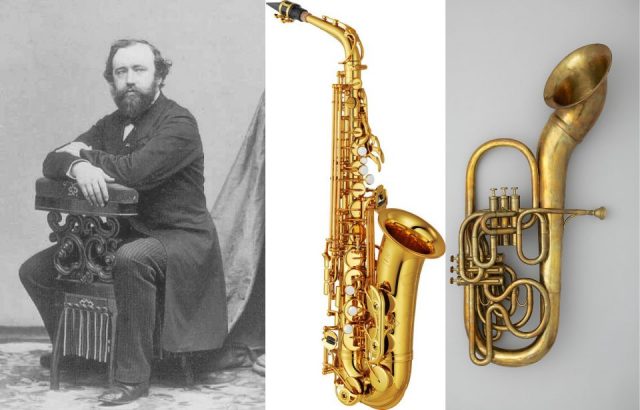 Adolphe Sax, a saxophone, and Sax’s Bass Saxhorn. (Photo Credit: 1. Unknown Author, public domain. 2. Yamaha Corporation via Wikimedia Commons, CC BY-SA 4.0. 3. Public Domain via Wikimedia Commons)