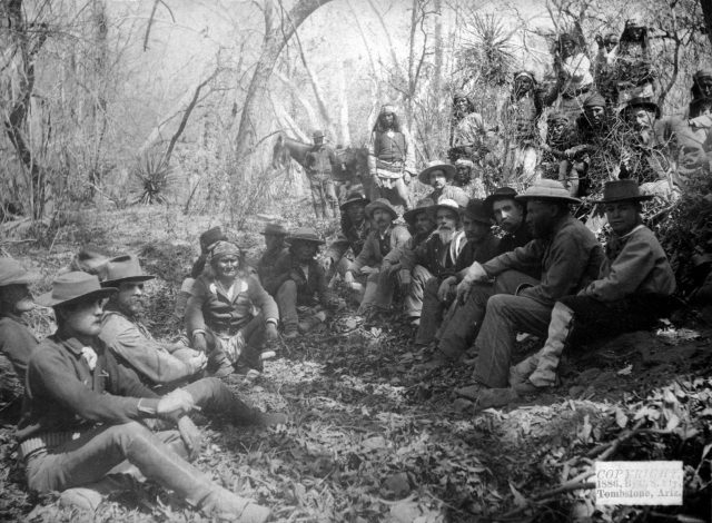 Geronimo poses with members of his tribe and General George Crook's staff during peace negotiations on March 27, 1886.