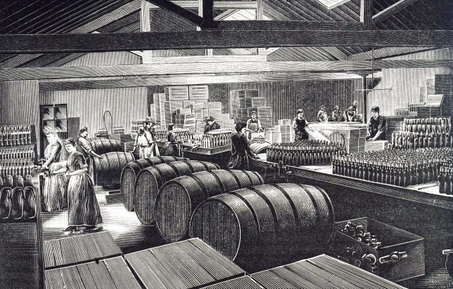 An engraving depicting the Evans & Sons lime juice factory. 