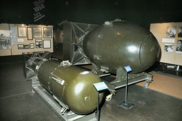 Replicas of the first Atomic bombs, Little Boy, left, was the first nuclear weapon used in warfare, over Hiroshima, Japan, on the morning of August 6, 1945, Fat Man, right, was used on Nagasaki, Japan, on August 9, 1945