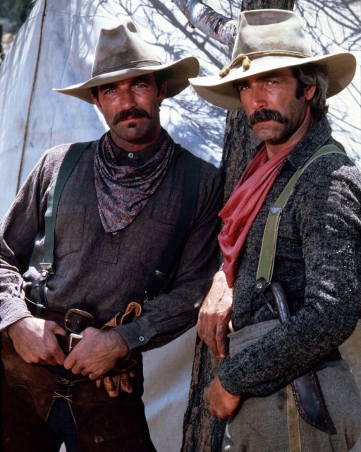 American actors Tom Selleck (left) and Sam Elliott as Orrin and Tell Sackett in 'The Sacketts', directed by Robert Totten, 1979.