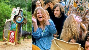 Hippie Trail monument + a group of hippies in a crowd