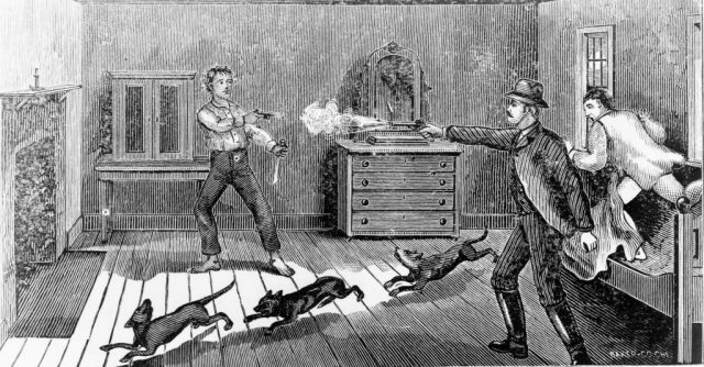 Woodcut of the moment Billy the Kid was murdered by sheriff Pat Garrett