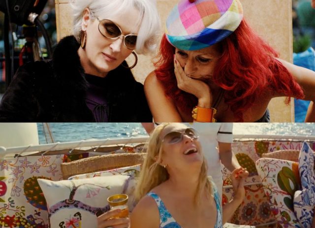 Top photo: Meryl Streep wearing sunglasses in The Devil Wears Prada. Bottom Photo: Meryl Streep wearing the same sunglasses in the “Money, Money, Money” scene in Mamma Mia. (Photo Credit: Twentieth Century Fox/ MovieStills DB and Binge Society- The Greatest Movie Scenes/ Youtube)