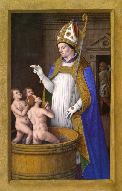Illustration of Saint Nicholas resurrecting the three butchered children from the Grandes Heures d'Anne de Bretagne
