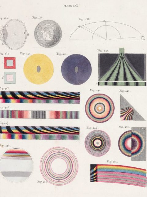 Image of plate XXX from Thomas Young's "Lectures", publ. 1807, the text of lectures to London's Royal Institution in 1802. Shows Young's grasp of ocular anatomy, the fact that an image is upside down on the retina, notice of the "two slit" phenomenon, which supports wave theory of light... etc