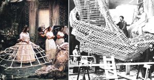 Woman wearing the hoops needed to support Victorian dresses + Men constructing the Statue of Liberty