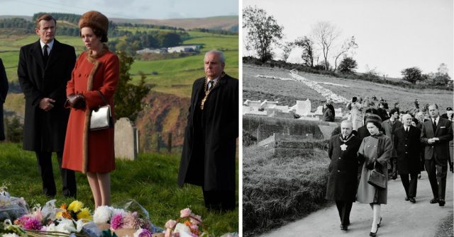 Olivia Coleman as Queen Elizabeth, and Queen Elizabeth and Prince Phillip in Aberfan, South Wales, October 29, 1966. (Photo Credit: Netflix/ MovieStills DB and Evening Standard/ Getty Images)