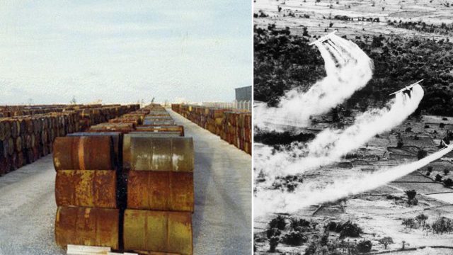 Barrels of Agent Orange + planes spraying the chemical over a forest