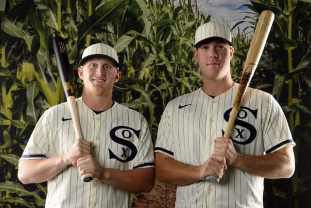 Andrew Vaughn and Gavin Sheets in uniform, holding baseball bats