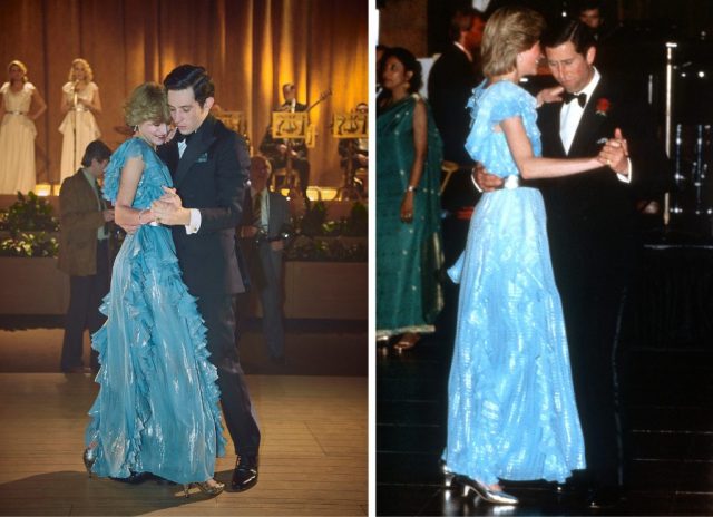 Emma Corrin (Princess Diana) and Josh O’Connor (Prince Charles) waltz in the crown compared to the real Prince Charles and Princess Diana dancing in Sydney, Australia on March 28, 1983. (Photo Credit: Netflix/ MoveStills DB and Anwar Hussein/ Getty Images)