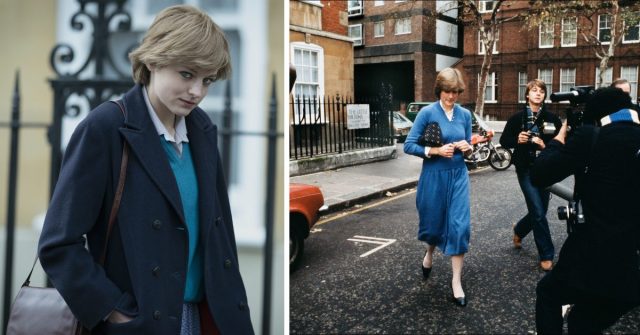 Emma Corrin as Diana Spencer in The Crown and Diana Spencer being surrounded by paparazzi leaving her flat, 1980. (Photo Credit: Netflix/ MovieStills DB and Jacob Sutton/ Getty Images)