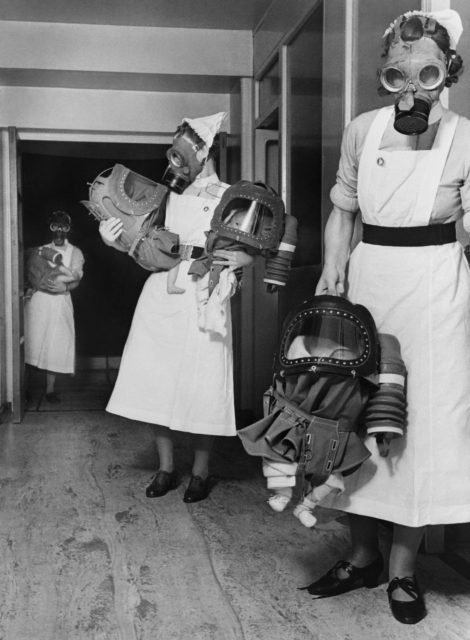 Nurses practice for a gas drill in a London hospital, 1940 