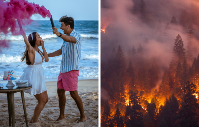 a gender reveal party and a wildfire side-by-side