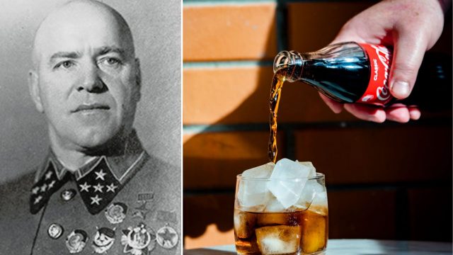 Portrait of Georgy Zhukov + Coca-Cola being poured into a glass