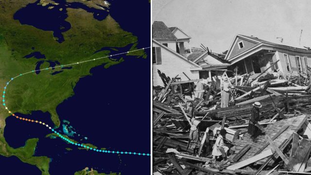 Trajectory of the Great Galveston Hurricane + residents standing in front of damaged homes