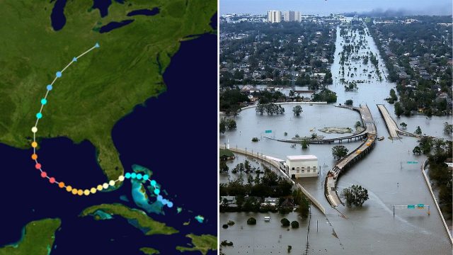 Trajectory of Hurricane Katrina + aerial view of the flooding in New Orleans
