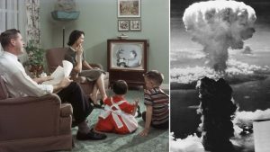 Family sitting around a television + the mushroom cloud over Hiroshima