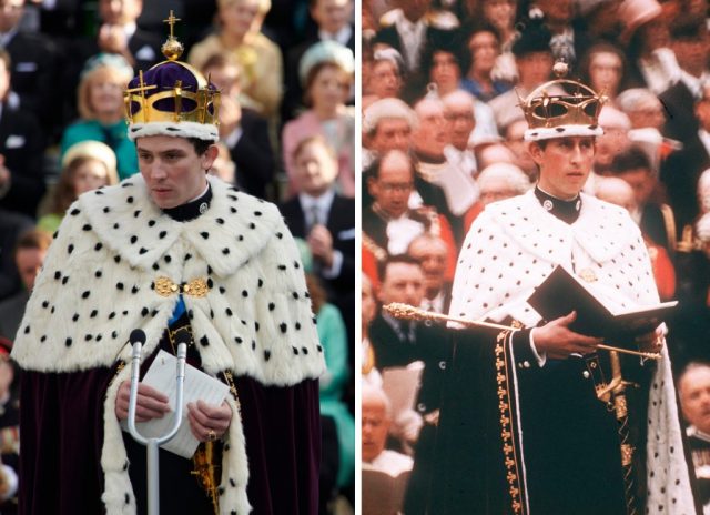 Josh O’Connor as Prince Charles and Prince Charles in his investiture robes at Caernarvon Castle, July 1, 1969. (Photo Credit: Netflix/ MovieStills DB and Anwar Hussein/ Getty Images)