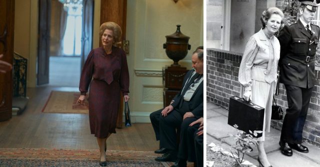 Gillian Anderson as Margaret Thatcher and Margaret Thatcher on her first day as England’s Prime Minister, June 4, 1979. (Photo Credit: Netflix/ MovieStills DB and Bryn Colton/ Getty Images)