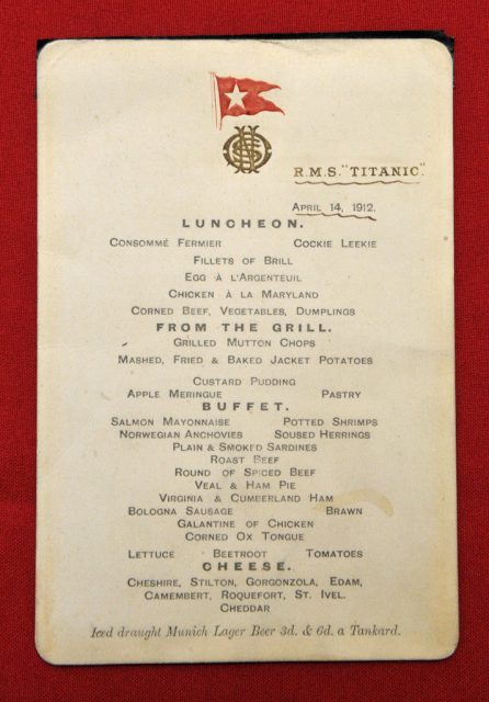 A menu given to first class passengers on the day of the sinking of the Titanic (Photo Credit: Tim Ireland/PA Images via Getty Images)