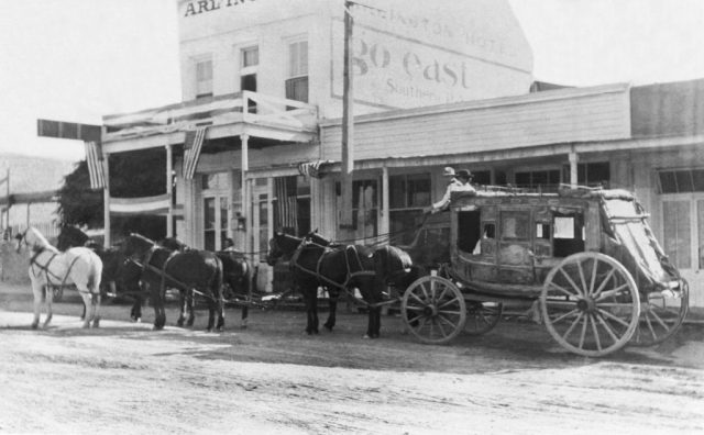 A thorobrace stagecoach in Tombstone, Tombstone, Arizona, circa 1882. (Photo Credit: Underwood Archives/Getty Images)
