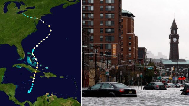 Trajectory of Superstorm Sandy + cars stranded in a flooded street