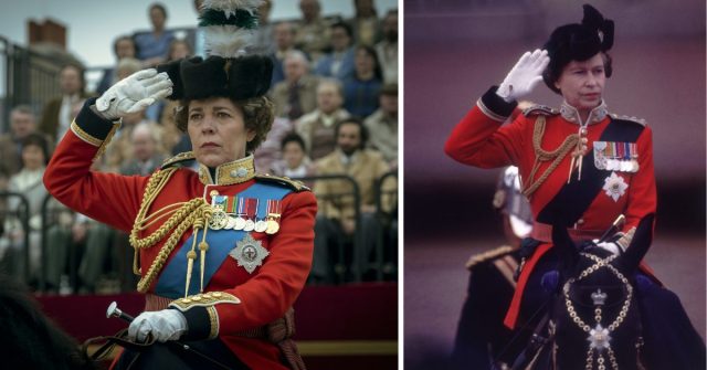 Olivia Colman (as Queen Elizabeth II) saluting in the crown compared to Queen Elizabeth II saluting during the Trooping of the Colour ceremony, London, 1979. (Photo Credit: Netflix/ MovieStills DB and Keystone/ Getty Images)