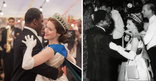 Claire Foy (as Queen Elizabeth) and Danny Sapani (as President Kwame Nkrumah of Ghana) in the Crown compared to Queen Elizabeth II and President Kwame Nkrumah of Ghana, November 20th 1961. (Photo Credit: Netflix/ MovieStills DB and Central Press/ Getty Images)