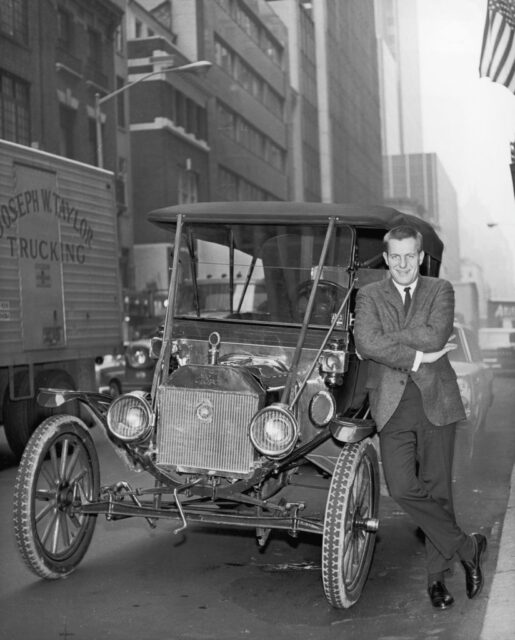 Jerry Van Dyke posing with the car that was used in his show My Mother the Car, c. 1965. 